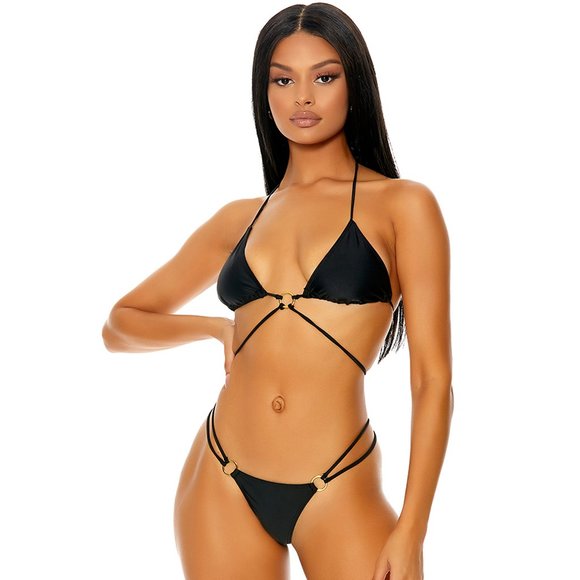 Strappy Wraparound Halter Bikini Set with O Rings - Black - Picture 1 of 3